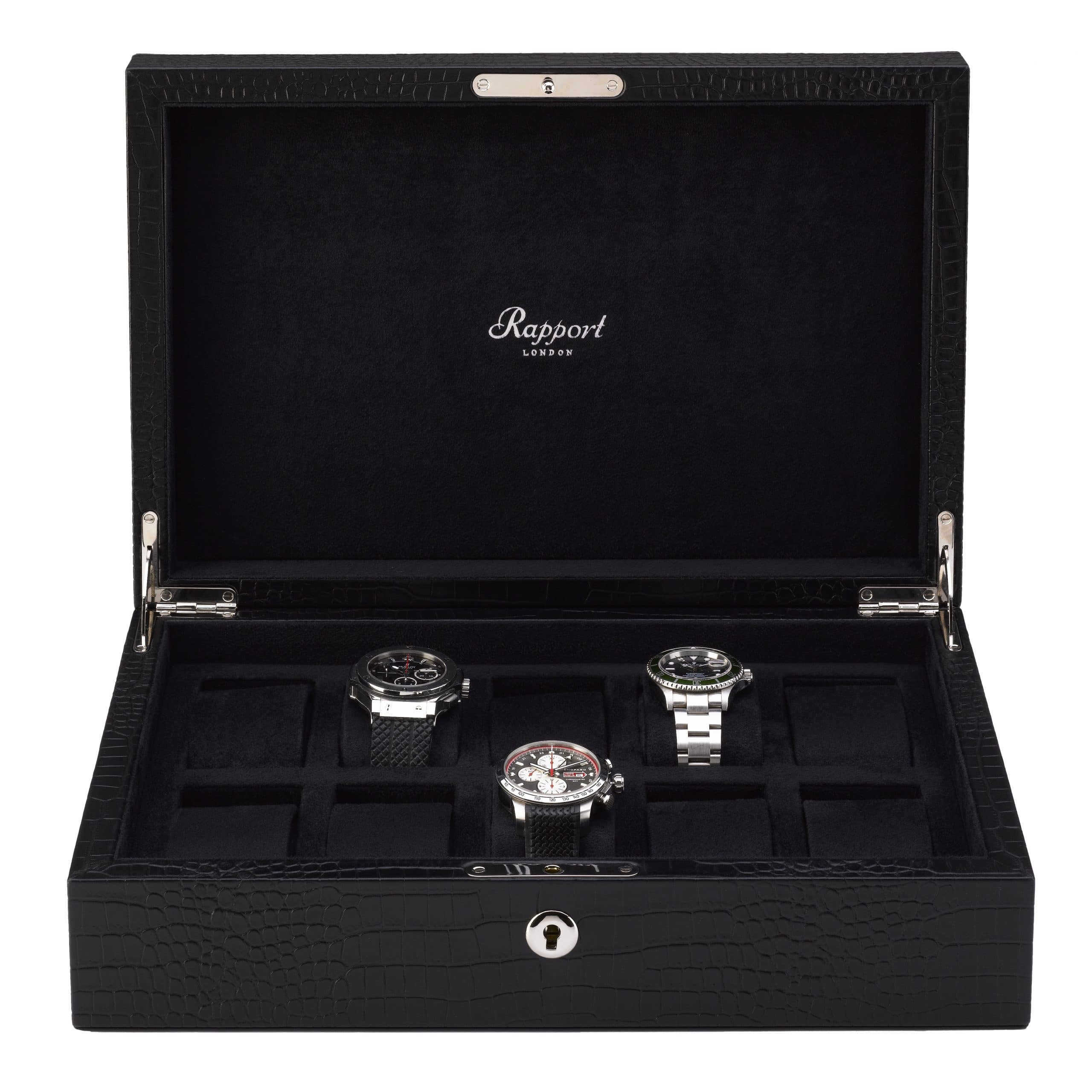 Rapport Crocodile Black Leather 10 Piece Watch Box 1010 Boutique