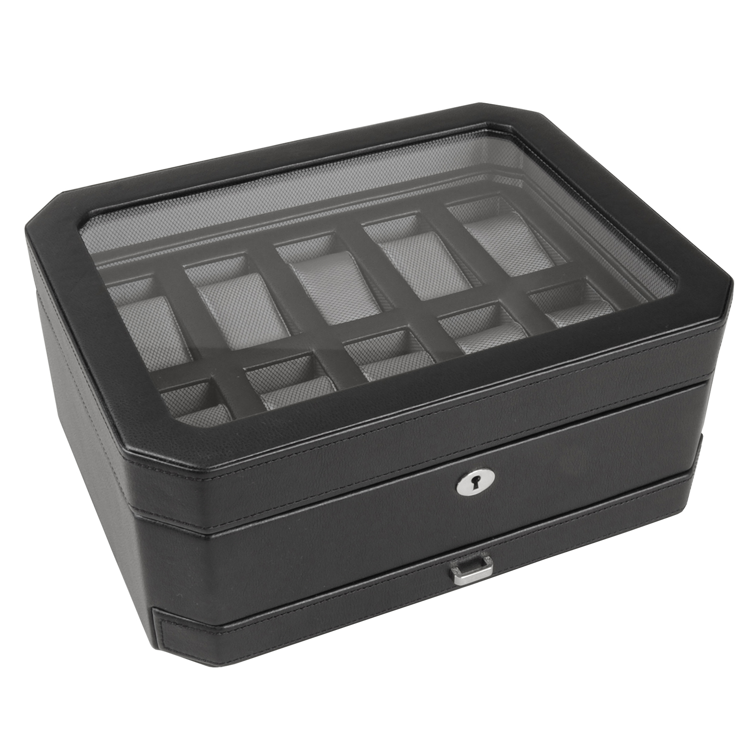 WOLF Windsor 10 Piece Watch Box with Drawer - Black and Grey - Image 3