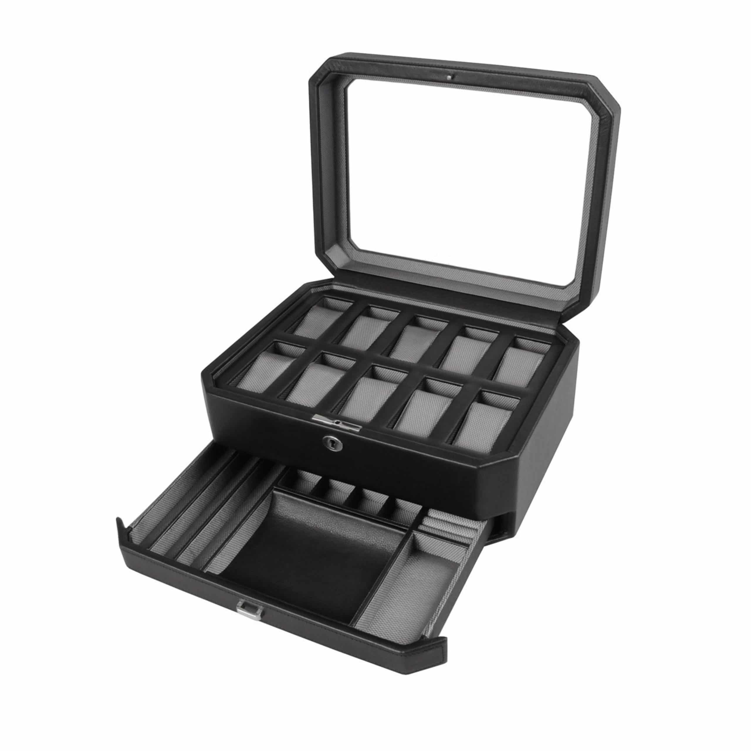 WOLF Windsor 10 Piece Watch Box with Drawer - Black and Grey