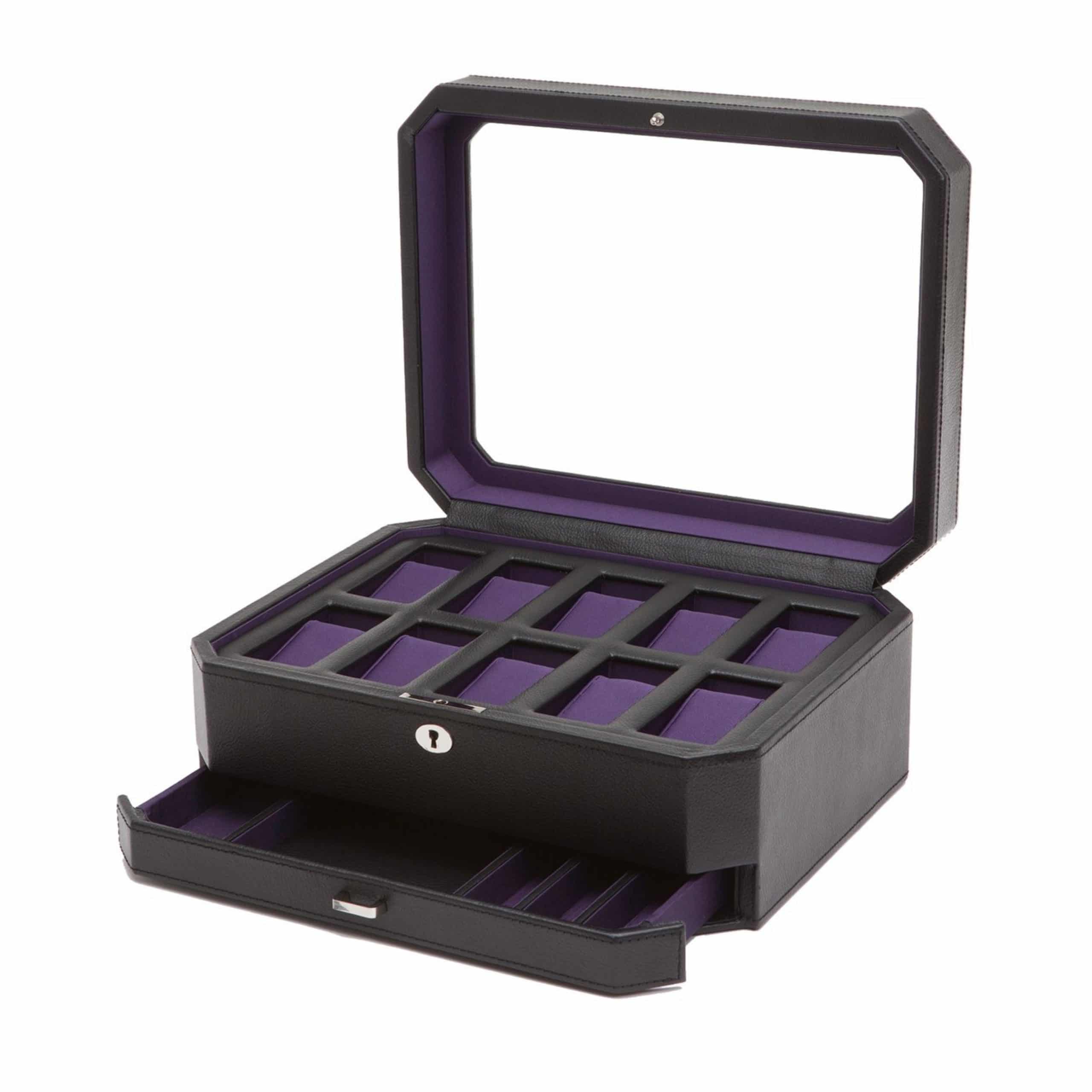 WOLF Windsor 10 Piece Watch Box with Drawer - Black and Purple