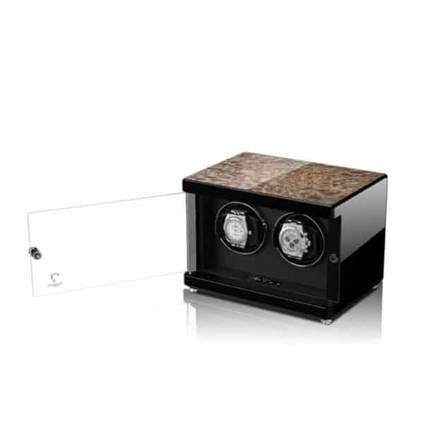 Ambiente Double Watch Winder Golden Burl Front Angle Open