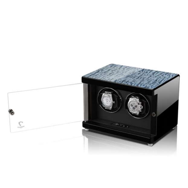 Ambiente Double Watch Winder Tamo Wood Front Angle Watch Open